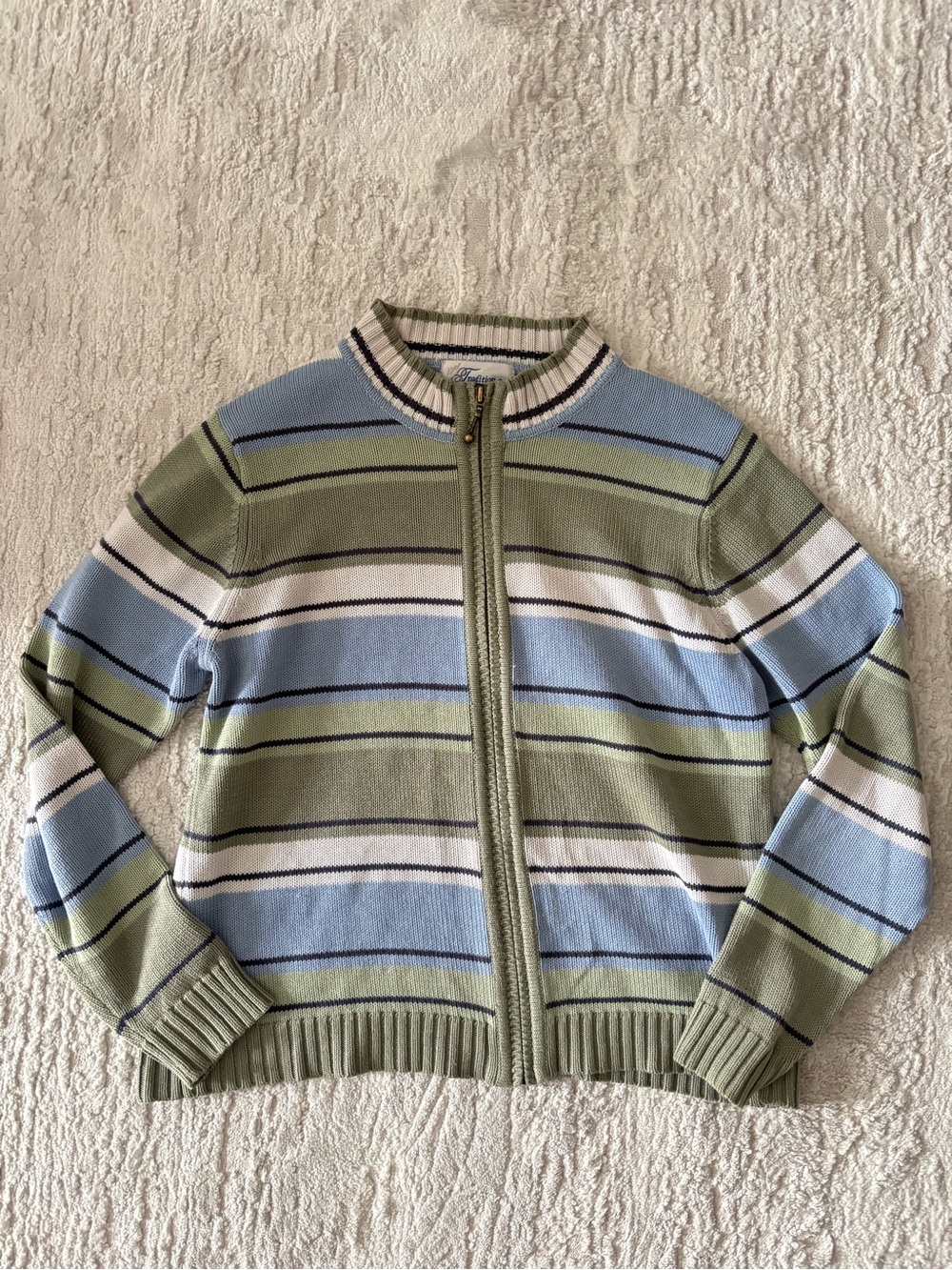 VINTAGE Striped Zip-Front Cotton Blend Cardigan - Size S